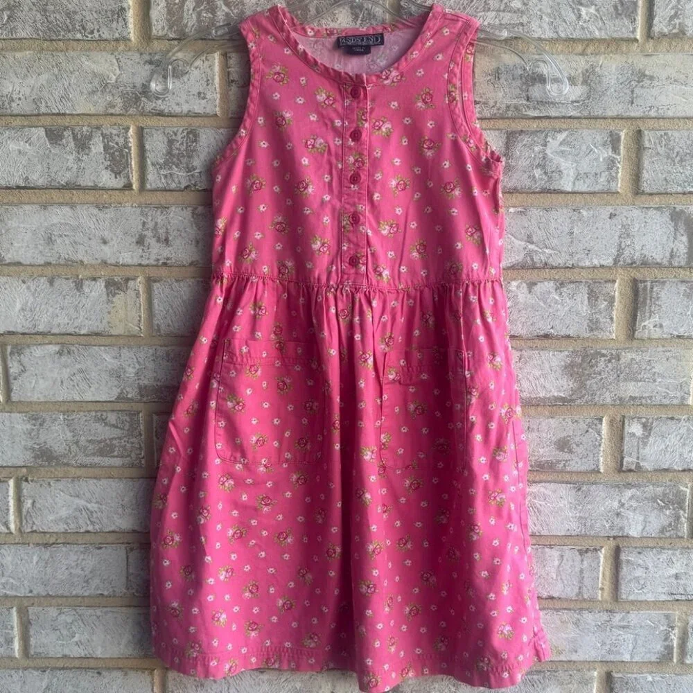 Lands' End Sleeveless 1/2 Button Pleated Pink Floral Dress Girl's Size 6